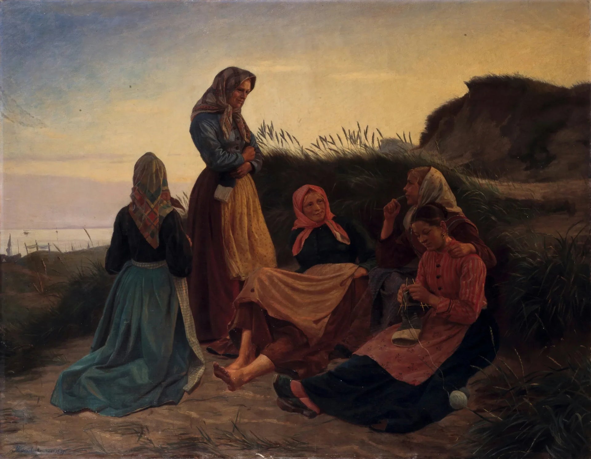 Des filles se sont rassemblées sur Sladrebakken par une nuit d'été - Michael Peter Ancher image 1 reproduction artisanale de tableau