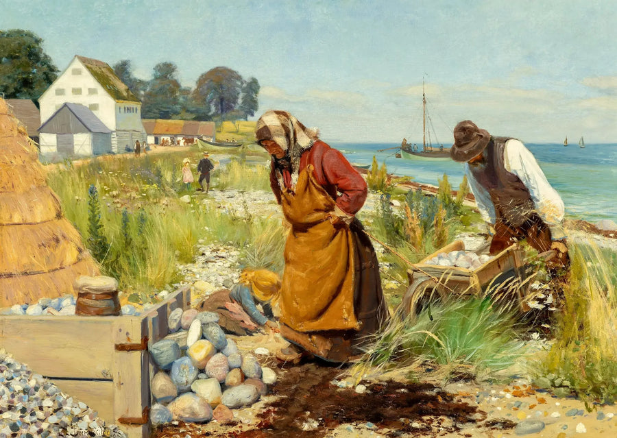 Menschen schneiden Trümmer in der Nähe eines Strandes in Stevns, Dänemark. - H. A. Brendekilde