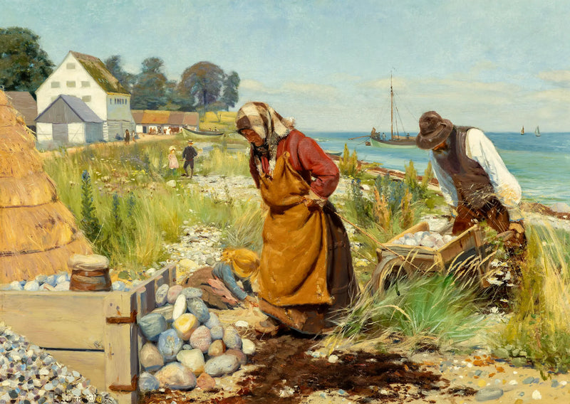 Menschen schneiden Trümmer in der Nähe eines Strandes in Stevns, Dänemark. - H. A. Brendekilde