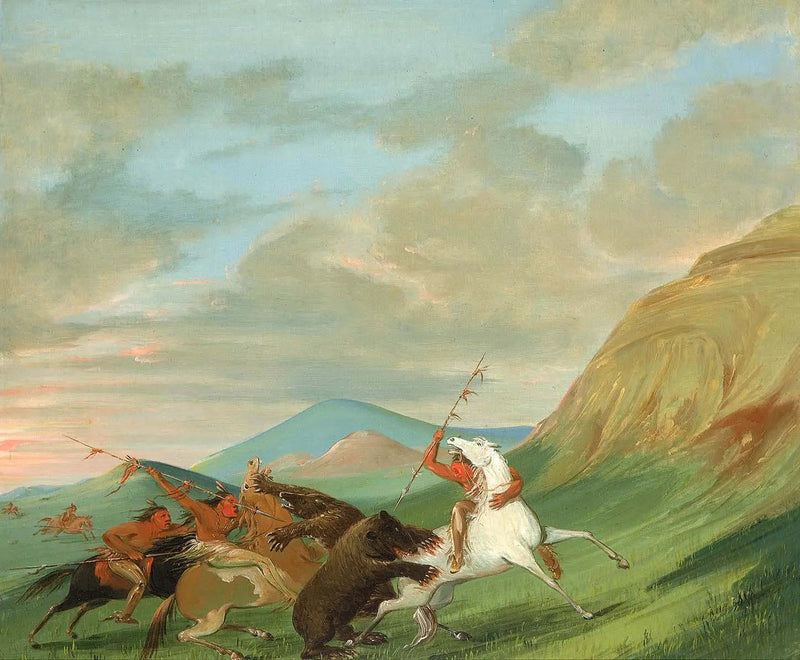Grizzlis greifen Indianer zu Pferd an - George Catlin