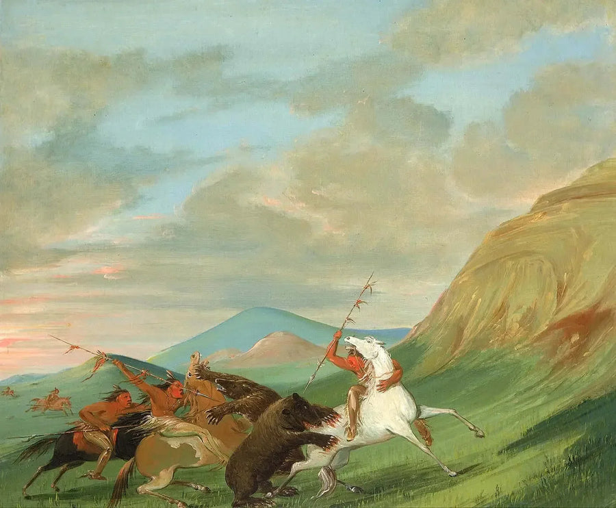 Grizzlis greifen Indianer zu Pferd an - George Catlin