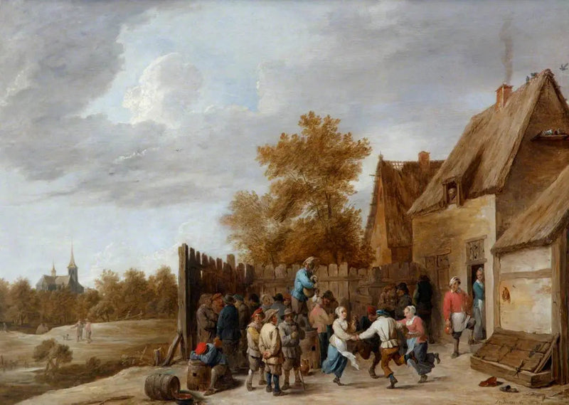Bauern tanzen vor einer Taverne, mit einer Dorflinde im Hintergrund - David Teniers der Jüngere