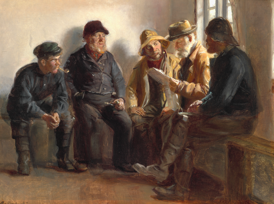 Fischer in einem Lebensmittelgeschäft in Skagen. Seren Kruse liest die Tageszeitung. – Michael Peter Ancher
