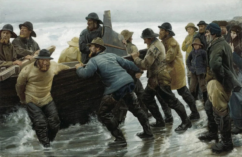 Fischer lassen ein Ruderboot zu Wasser - Michael Peter Ancher