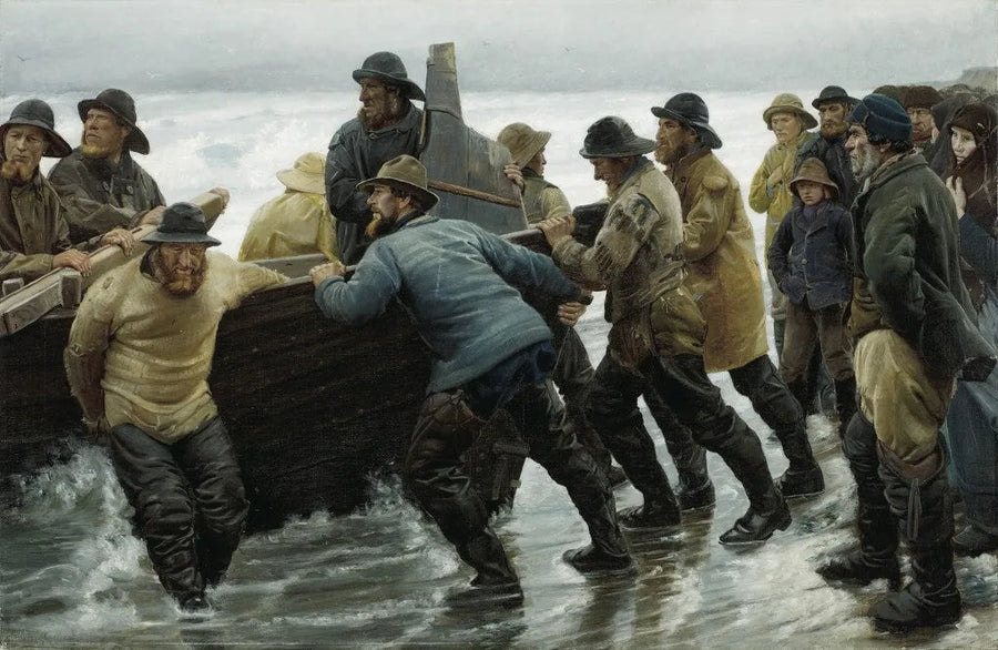 Fischer lassen ein Ruderboot zu Wasser - Michael Peter Ancher