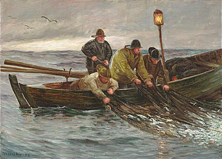 Fischer ziehen ihre Netze von ihren Booten. – Michael Peter Ancher