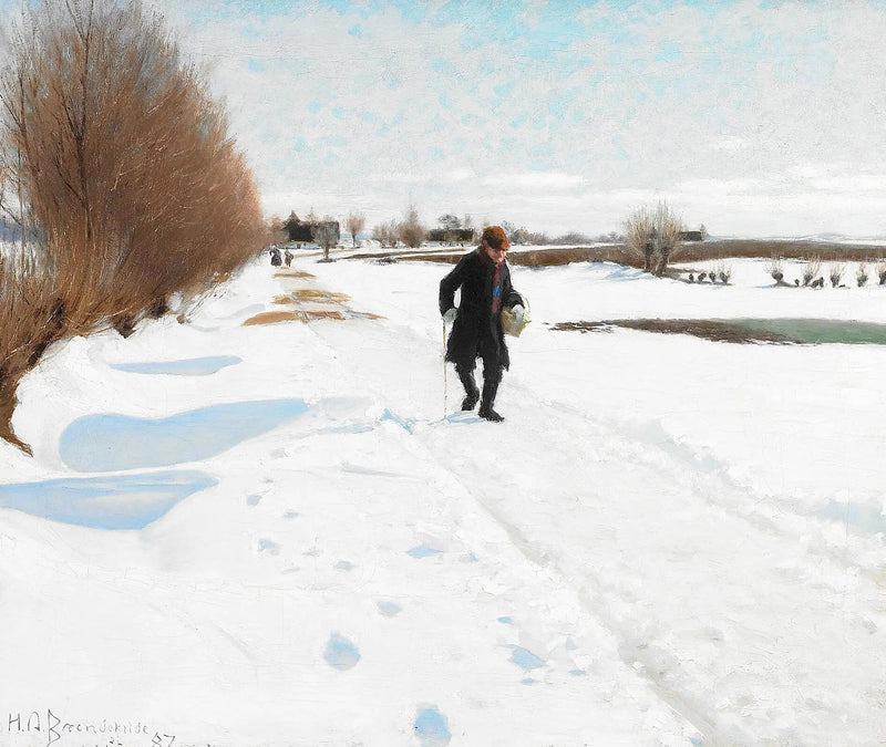 Personen, die auf einer verschneiten Straße gehen. - H. A. Brendekilde