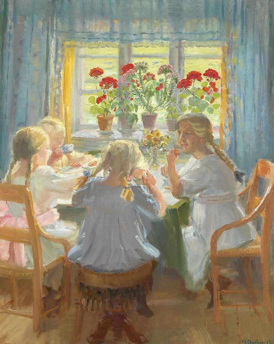 Kleine Mädchen trinken Tee in Nordstuen im Haus von Anchers am Markvej, Skagen. - Anna Ancher