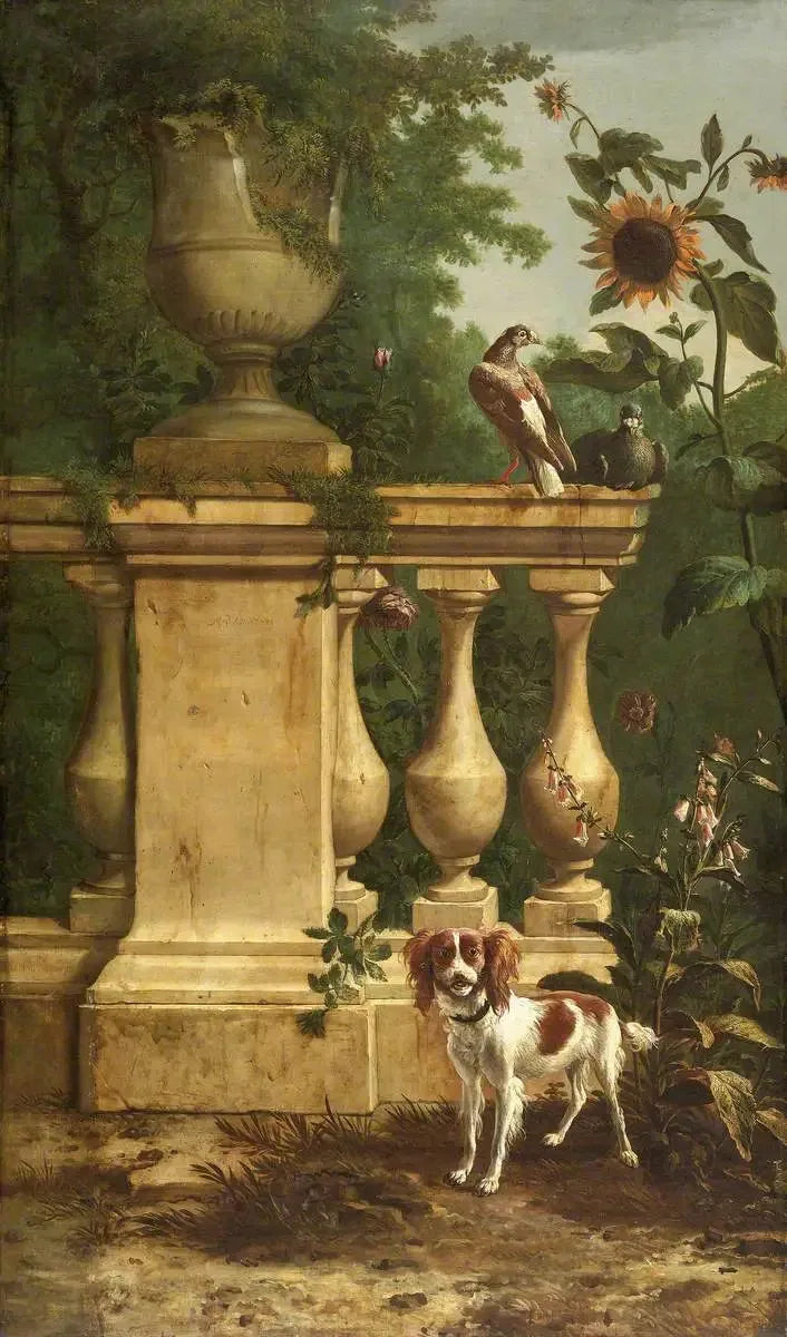 Tauben und ein Hund in einem Garten - Melchior de Hondecoeter