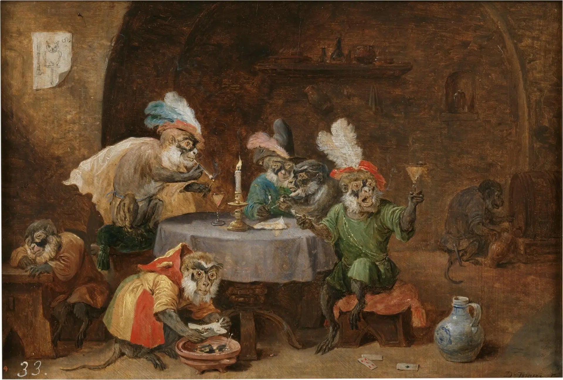 Des singes qui fument et boivent - David Teniers le Jeune image 1 reproduction de peinture à l’huile