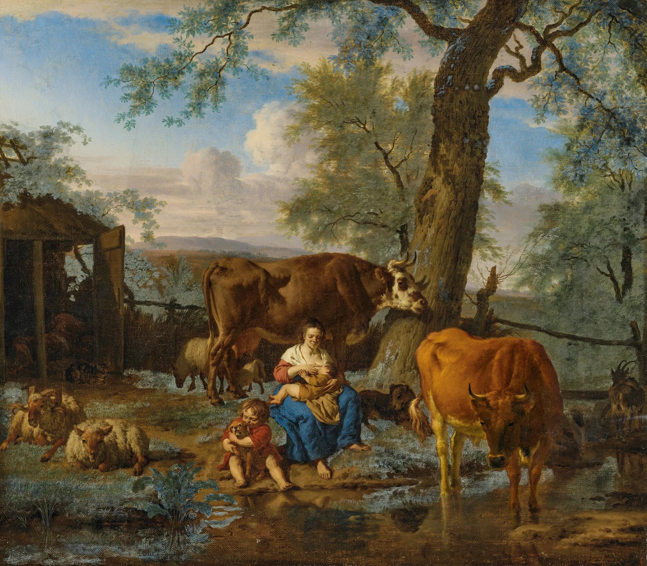 Des vaches allaitent, une femme et un enfant jouent avec un chien. - Adriaen van de Velde image 1 reproduction réalisée par Alpha Reproduction