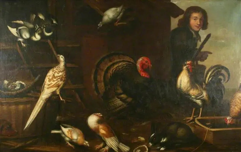 Hausgeflügel und ein Mann - Melchior de Hondecoeter