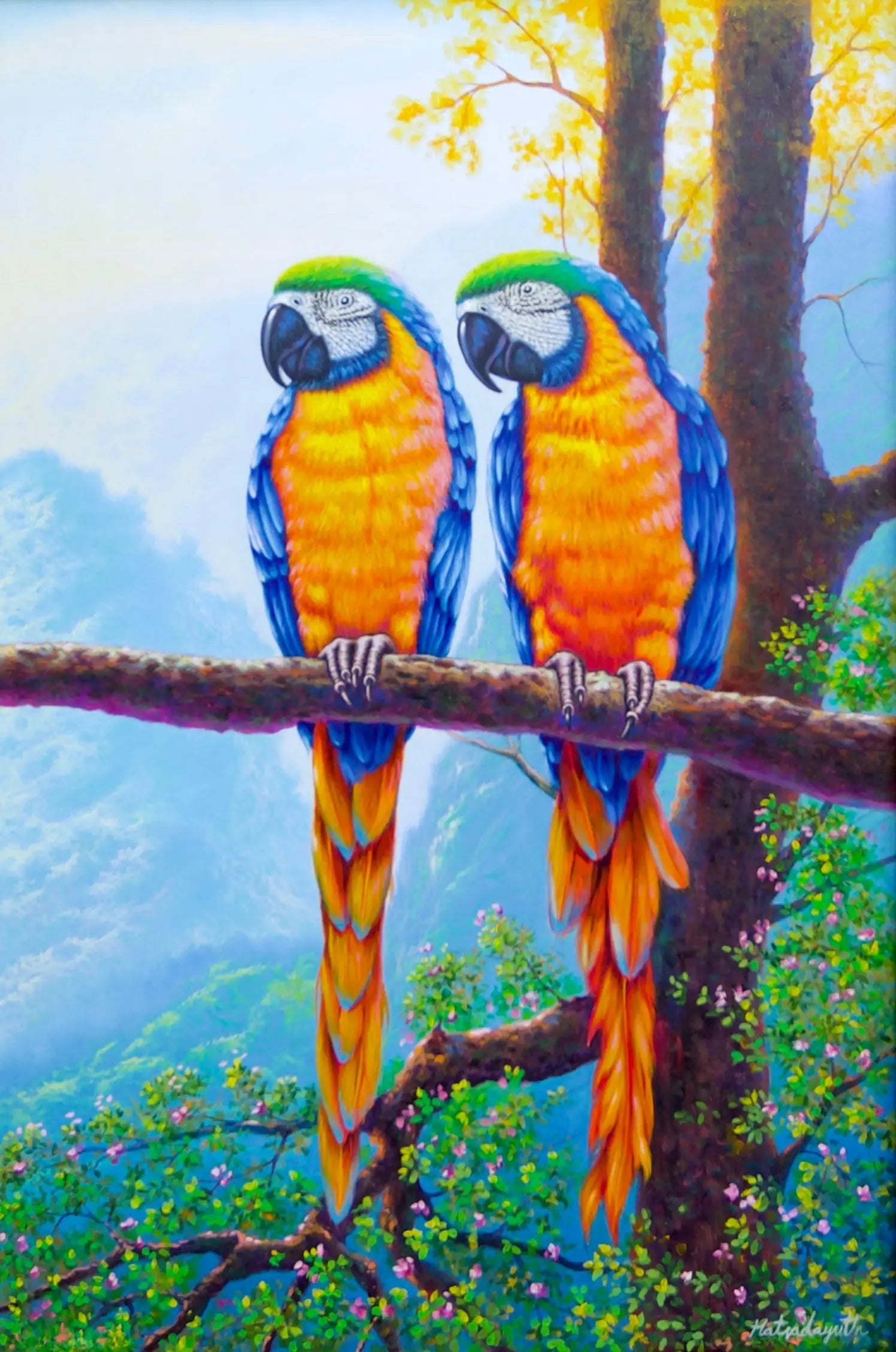 Deux aras sur une Branche | 60 x 90 cm image 1 reproduction artisanale de tableau