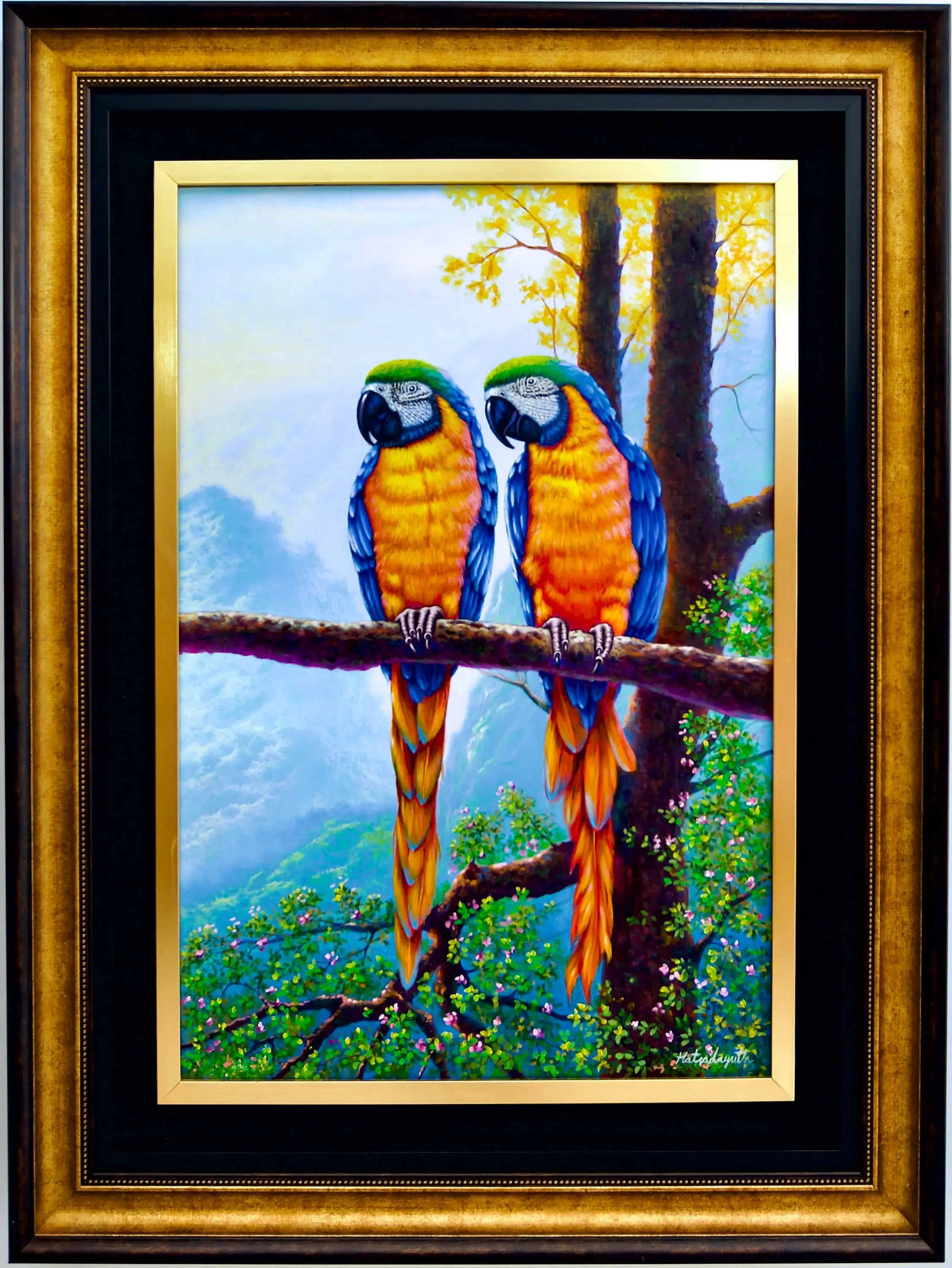 Two Macaws on a Branch - Hudsadayuth | 60 x 90 cm Reproductions de tableaux à la peinture à l’huile