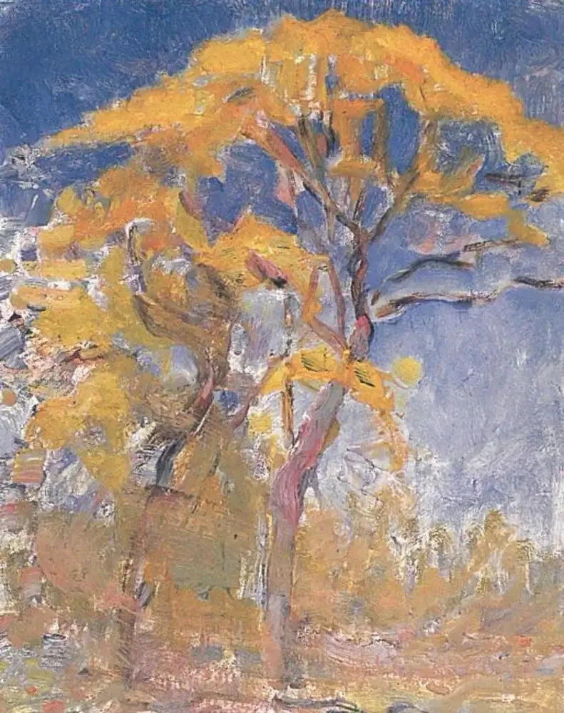 Zwei Bäume mit orangefarbenem Laub vor blauem Himmel - Piet Mondrian