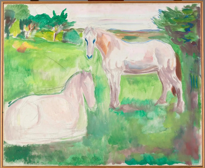 Zwei weiße Pferde auf einer grünen Wiese - Edvard Munch