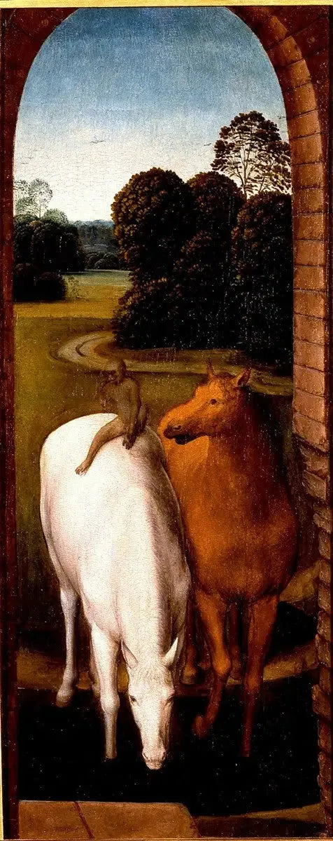 Zwei Pferde in einer Landschaft - Hans Memling