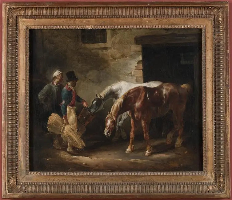 Zwei Postpferde vor der Tür eines Stalls - Théodore Géricault