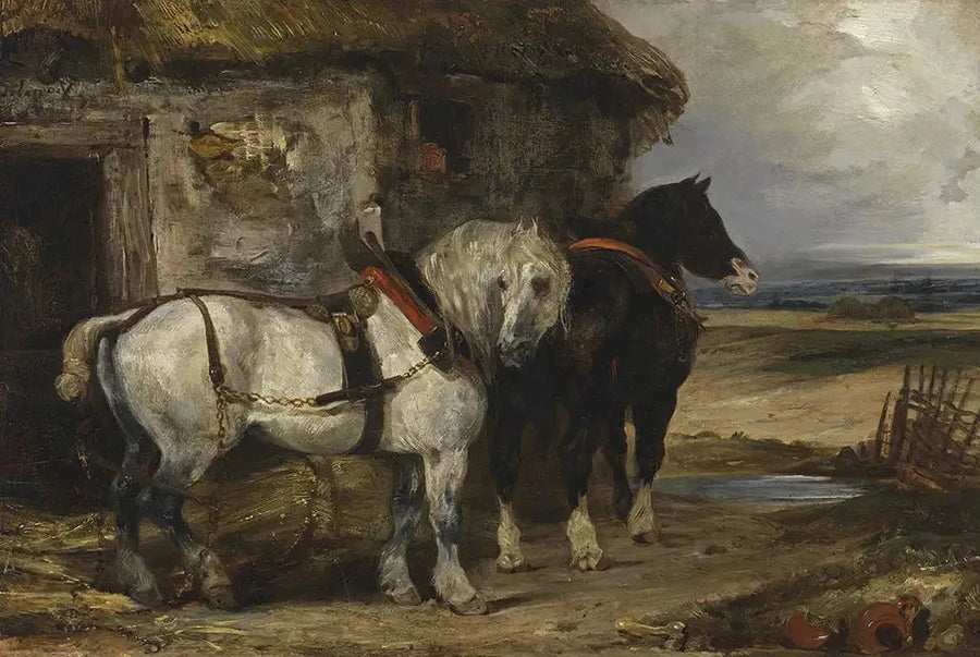 Zwei Pferde vor einer Scheune - Eugène Delacroix