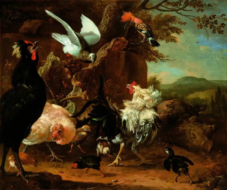 Zwei Hähne, eine Henne und Küken mit einer Taube und einer Huppe. - Melchior de Hondecoeter