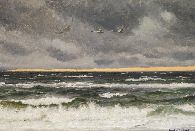 Zwei Schwäne fliegen im Sonnenuntergang über die Nordsee. – Michael Peter Ancher