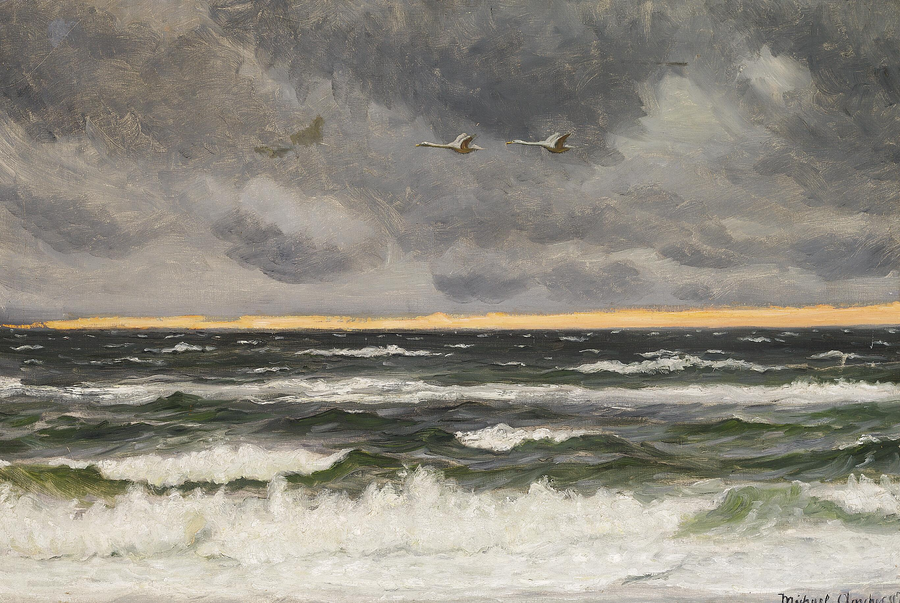 Zwei Schwäne fliegen im Sonnenuntergang über die Nordsee. – Michael Peter Ancher