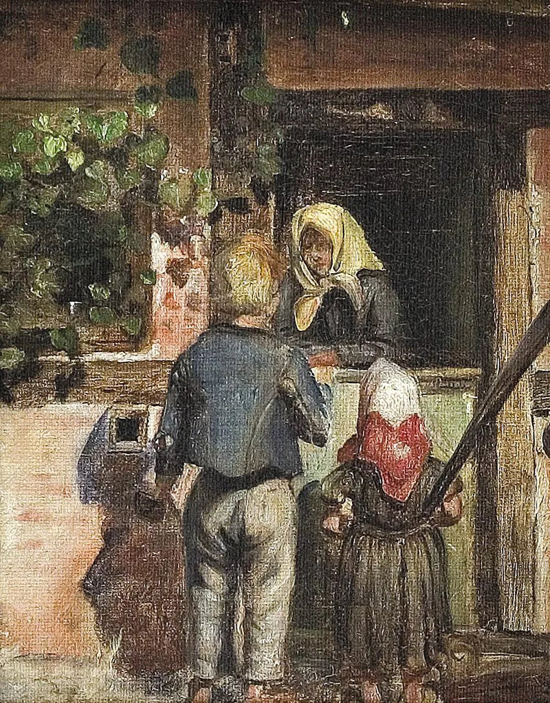 Zwei Kinder und eine alte Frau stehen vor einer Tür. – Anna Ancher