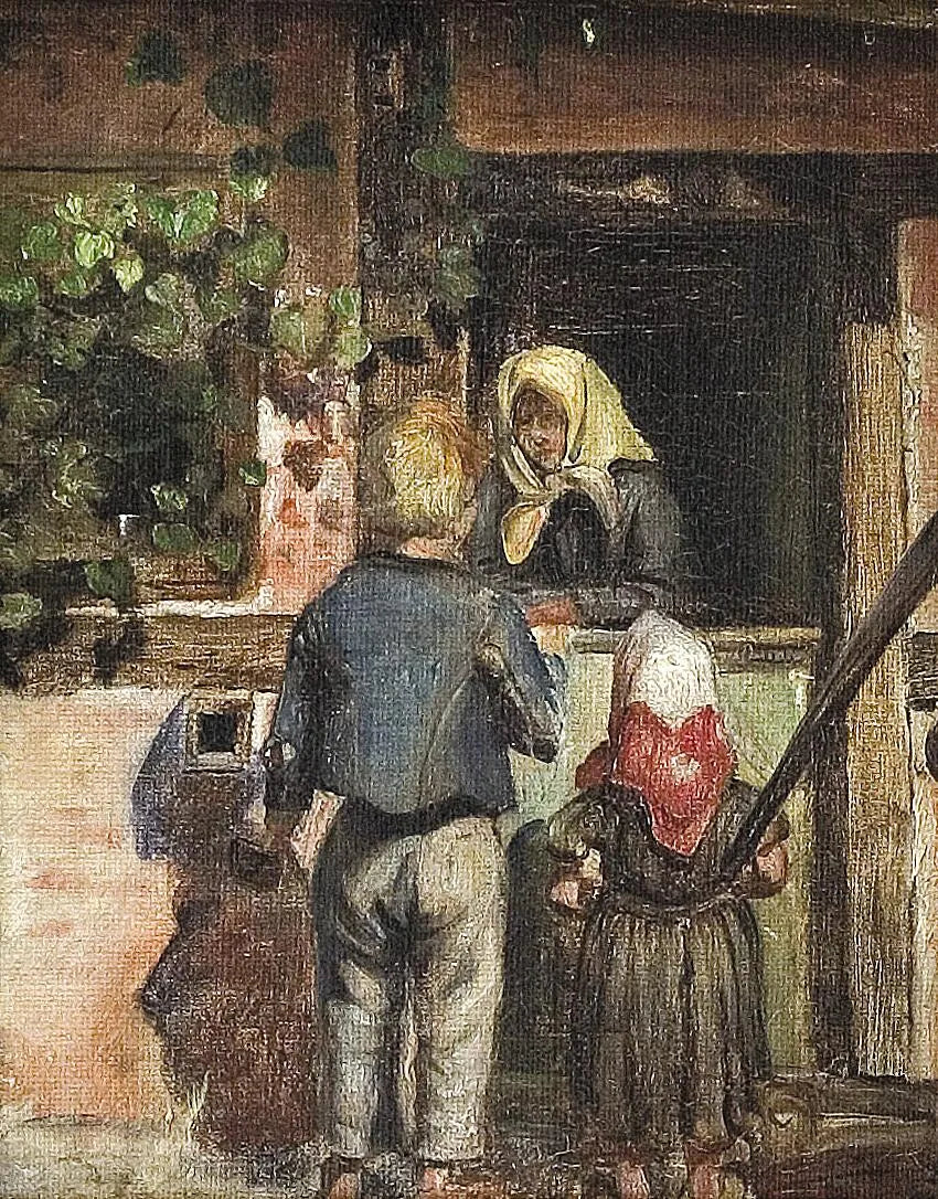 Zwei Kinder und eine alte Frau stehen vor einer Tür. – Anna Ancher