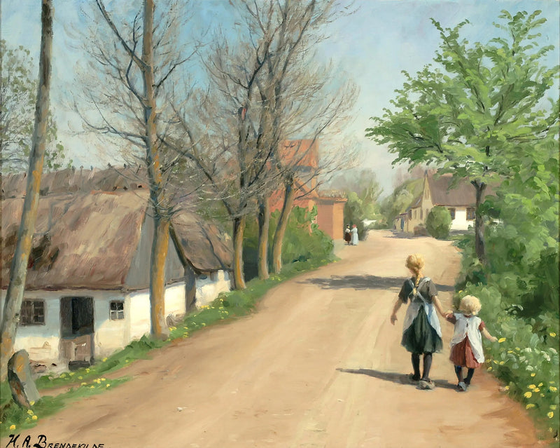 Zwei Kinder, die Hand in Hand auf einer Dorfsstraße gehen. - H. A. Brendekilde