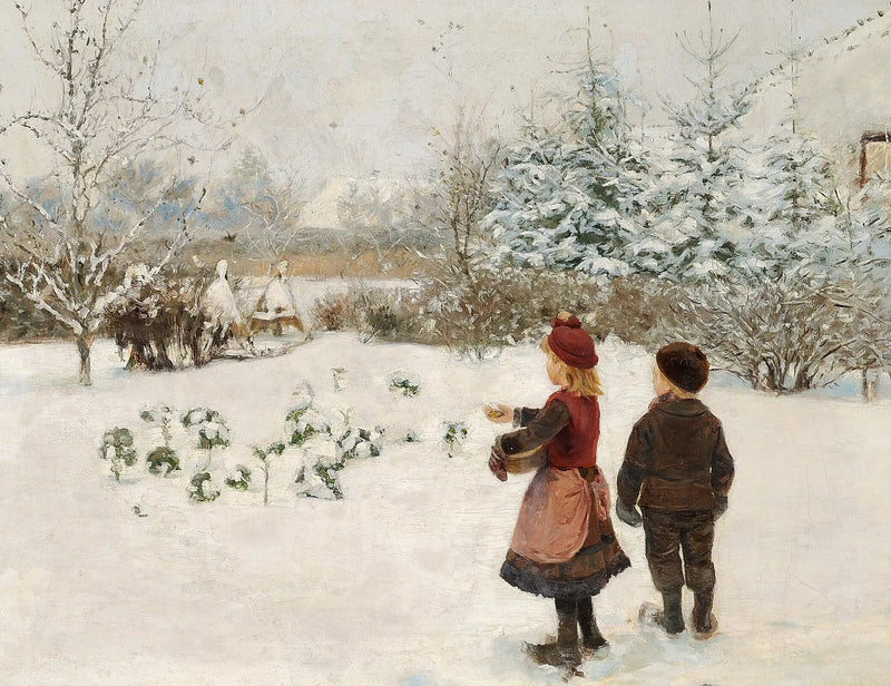 Zwei Kinder füttern Vögel im Schnee. - H. A. Brendekilde