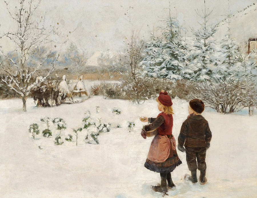 Zwei Kinder füttern Vögel im Schnee. - H. A. Brendekilde