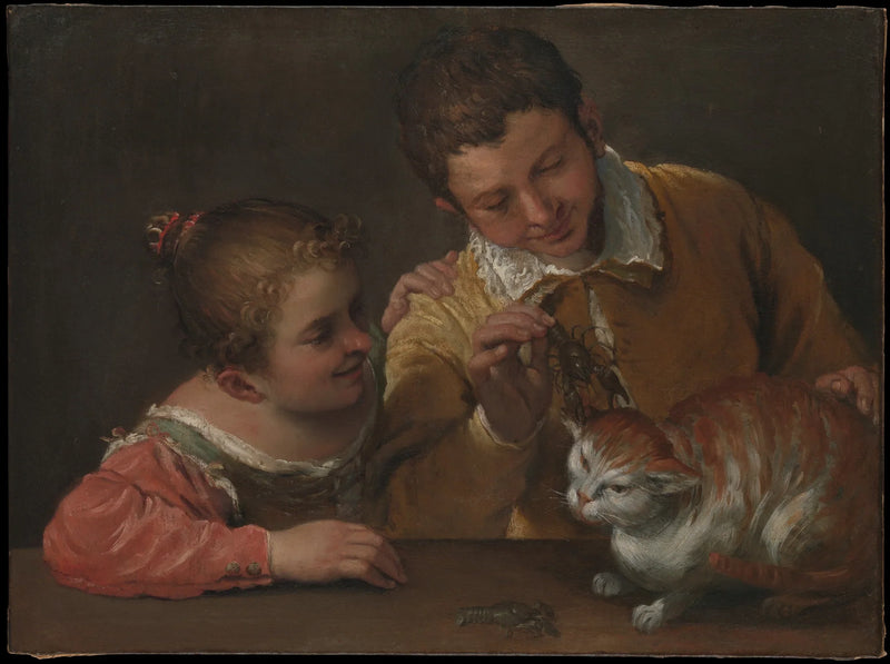 Zwei Kinder quälen eine Katze - Annibale Carracci