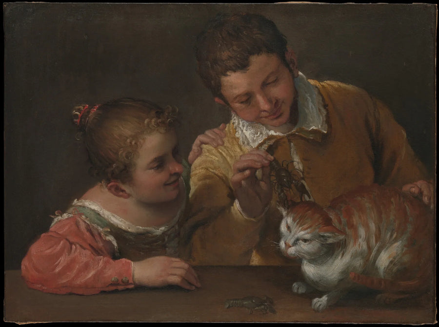 Zwei Kinder quälen eine Katze - Annibale Carracci