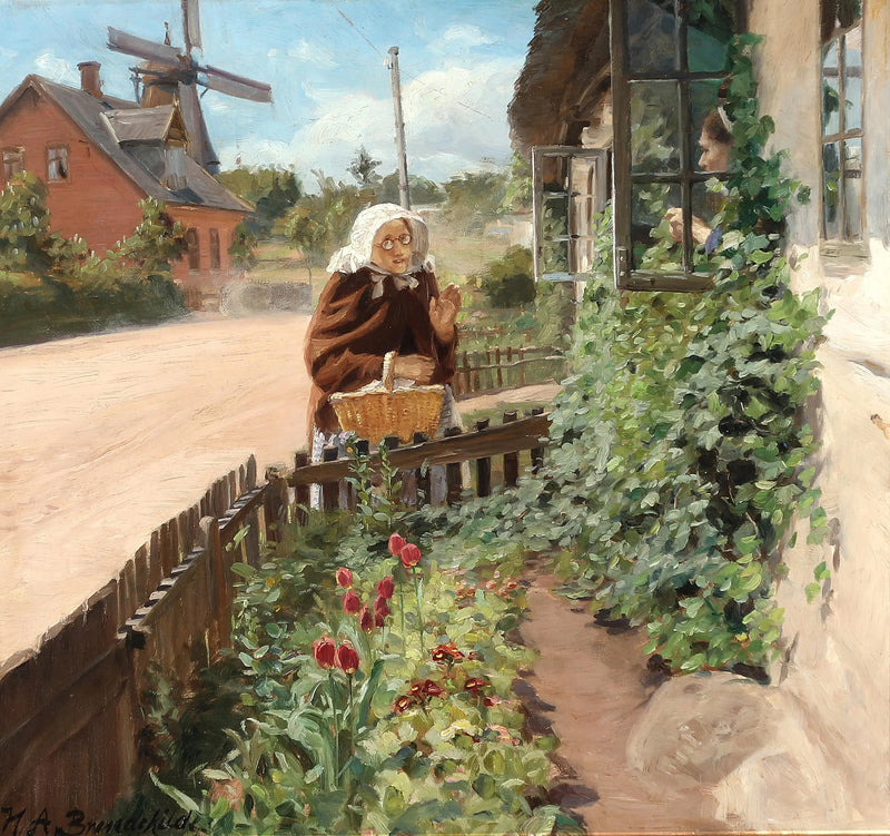 Zwei Frauen unterhalten sich durch ein Fenster. - H. A. Brendekilde