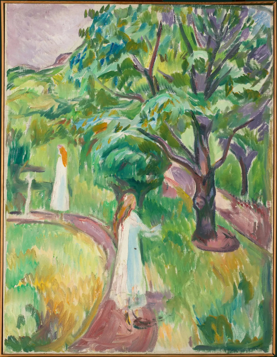 Zwei Frauen in weißen Kleidern im Garten - Edvard Munch