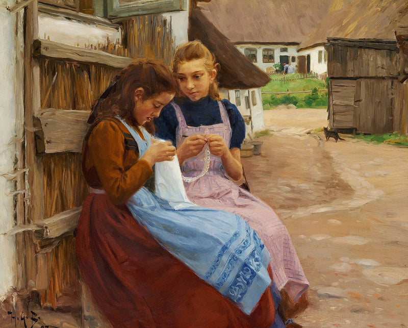 Zwei Mädchen mit Stickarbeiten, die im Hof eines Bauernhofs sitzen. - H. A. Brendekilde