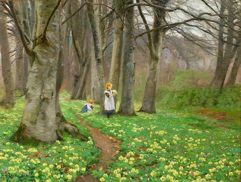 Zwei Mädchen pflücken Blumen in einem Wald im Frühling. - H. A. Brendekilde