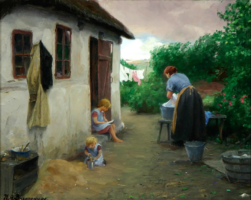 Zwei Mädchen und ihre Mutter in der Nähe eines Bauernhofs. - H. A. Brendekilde