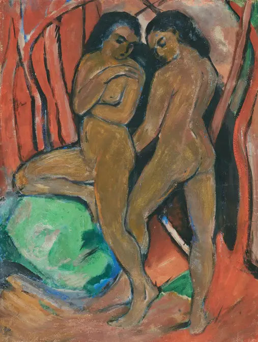 Zwei nackte Mädchen stehen mit einem grünen Stein - Franz Marc