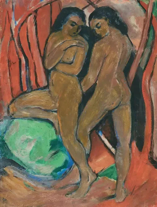 Zwei nackte Mädchen stehen mit einem grünen Stein - Franz Marc