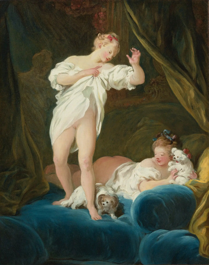 Zwei Mädchen auf einem Bett, die mit ihren Hunden spielen - Jean-Honoré Fragonard