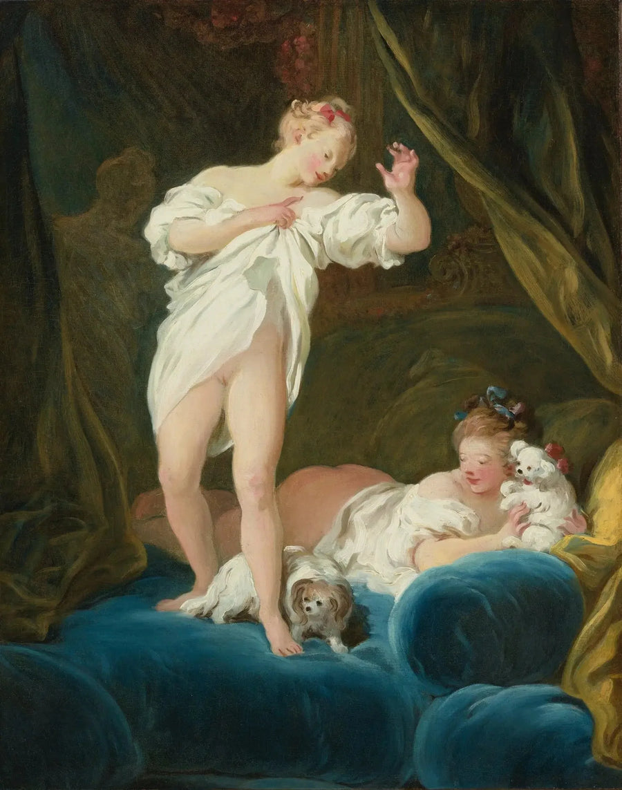 Zwei Mädchen auf einem Bett, die mit ihren Hunden spielen - Jean-Honoré Fragonard