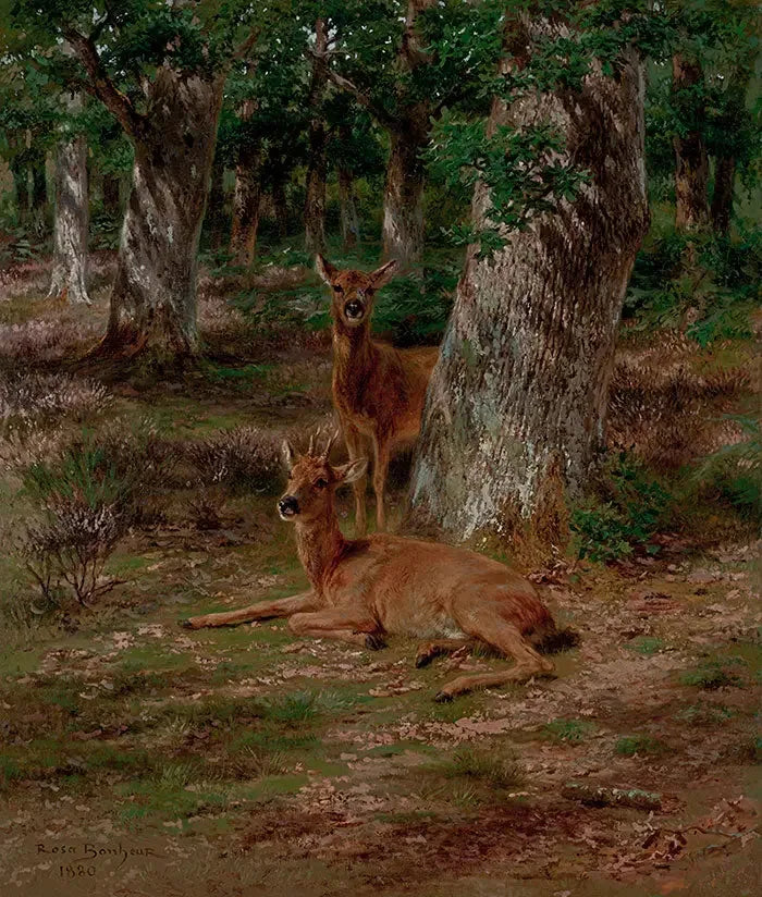 Zwei junge Hirsche in einem Wald - Rosa Bonheur
