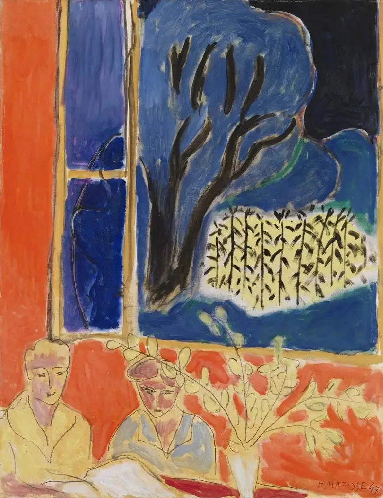 Zwei junge Mädchen in einem Korallenzimmer, blauer Garten (Zwei Mädchen, Korallenhintergrund, blauer Garten) - Henri Matisse