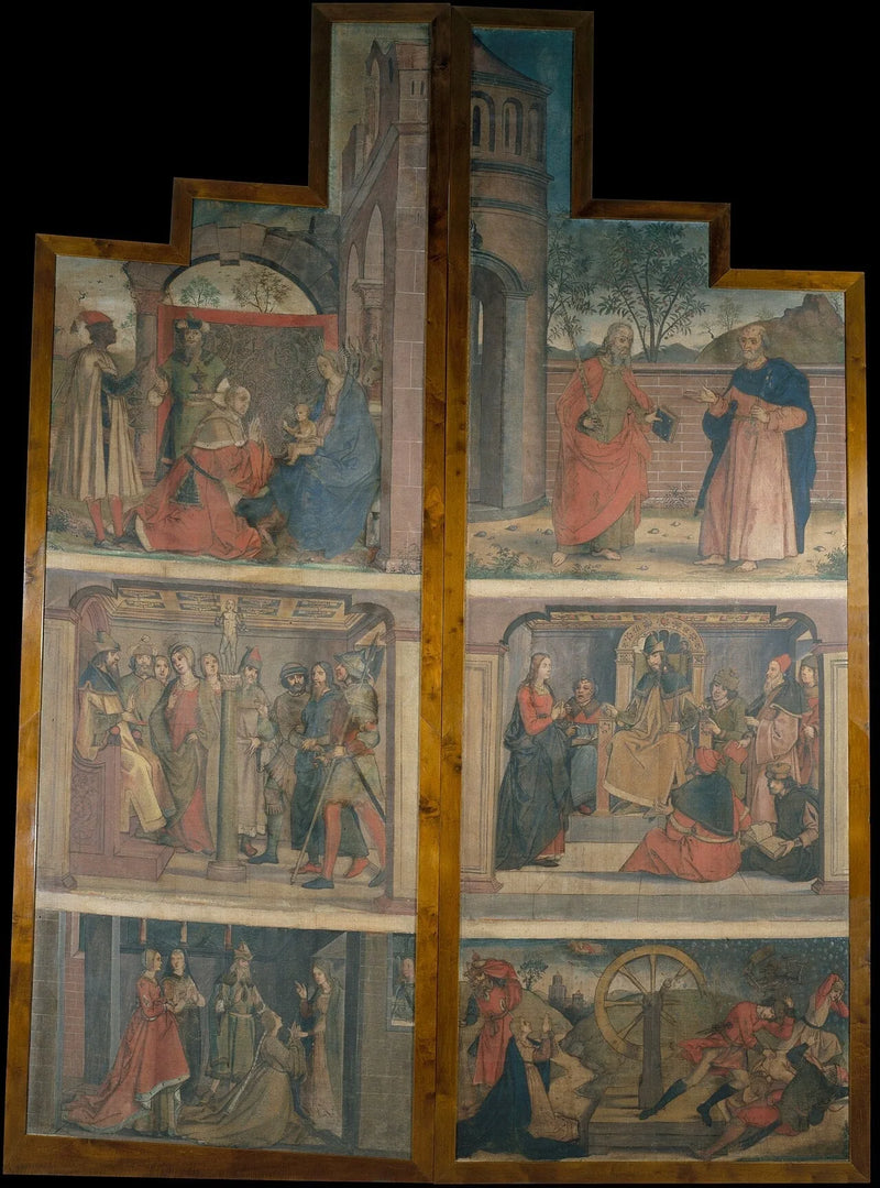 Zwei Tücher, die von den Türen eines Altarretabels stammen, das mit Szenen aus dem Leben der heiligen Katharina geschmückt ist - Pedro Berruguete
