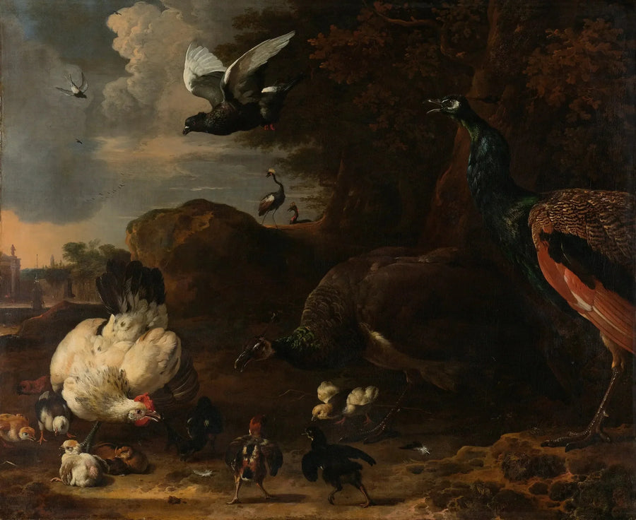 Zwei Pfauen, die eine Henne mit Küken bedrohen, bekannt als „die bedrohte Henne“ - Melchior de Hondecoeter