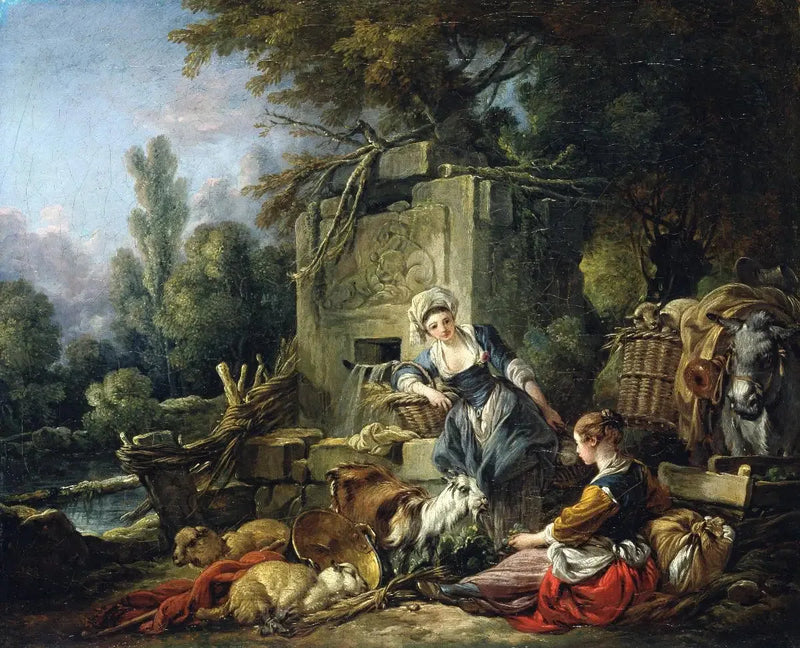 Zwei Bäuerinnen bei einem rustikalen Brunnen - François Boucher