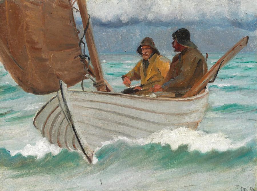 Zwei Fischer aus Skagen an Bord eines Segelboots vor der Küste. – Michael Peter Ancher