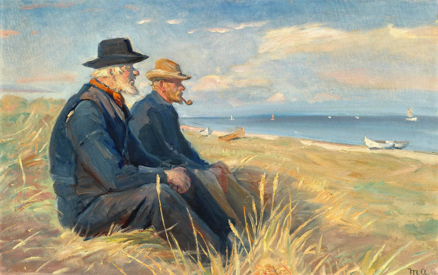 Zwei Fischer aus Skagen sitzen in der Nachmittagssonne auf den Dünen des Skagener Strandes und blicken aufs Meer hinaus. – Michael Peter Ancher