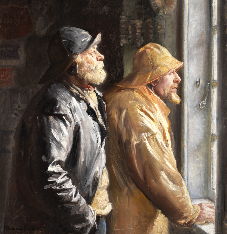Zwei Skagen-Fischer an der Lebensmitteltheke – Michael Peter Ancher